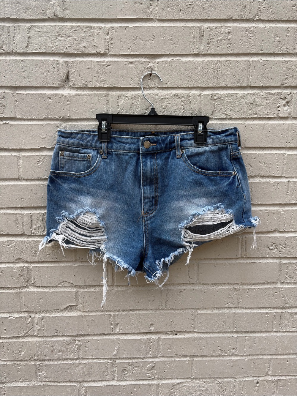 Forever 21 High-Rise Distressed Denim Jean Shorts in Blue